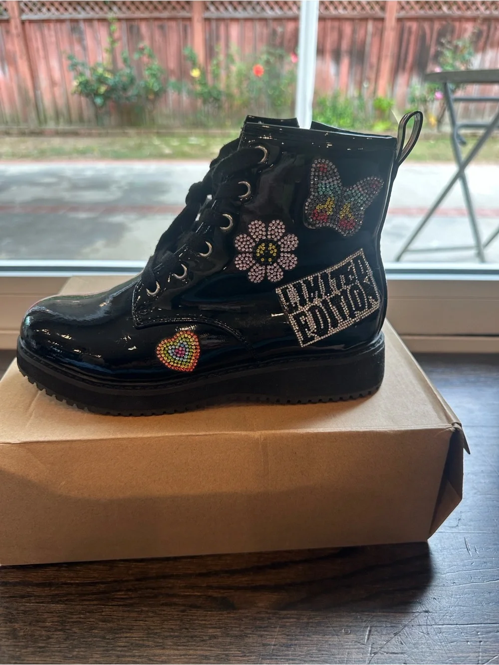 Limited Edition Steve Madden Kids Black Patent rainbow Embellished add-ons Boots